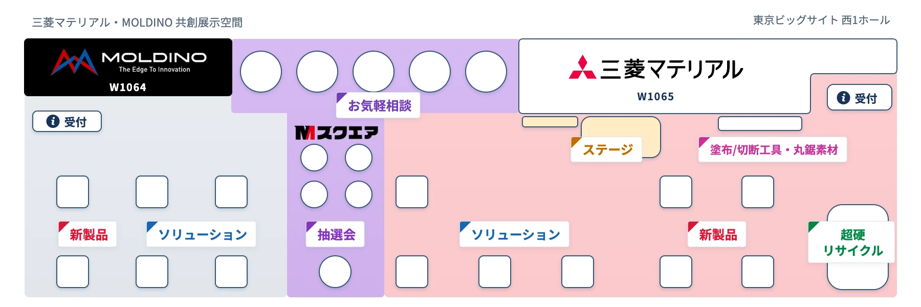 MOLDINO・三菱マテリアル・Mスクエアのロゴと、新製品・ソリューション・塗布/切断工具・丸鋸素材・超硬リサイクル・ステージ・抽選会・お気軽相談・受付の位置を示すブース平面図